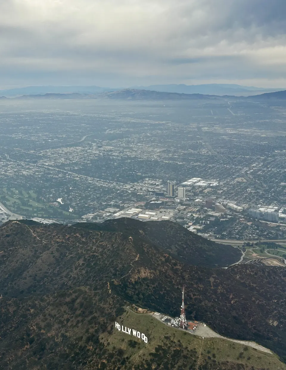 The Hollywood Sign seen from above on a flight over Los Angeles